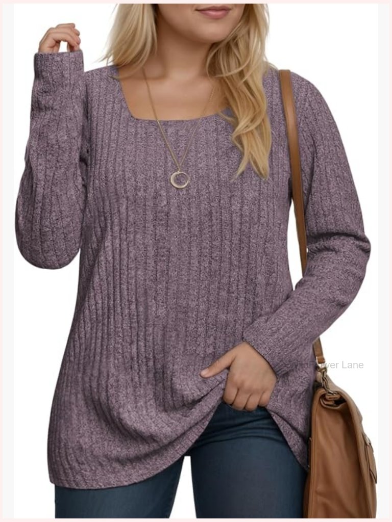 Plus Size Square Neck Pullover Sweater Blouse Long Sleeve Lightweight Knit